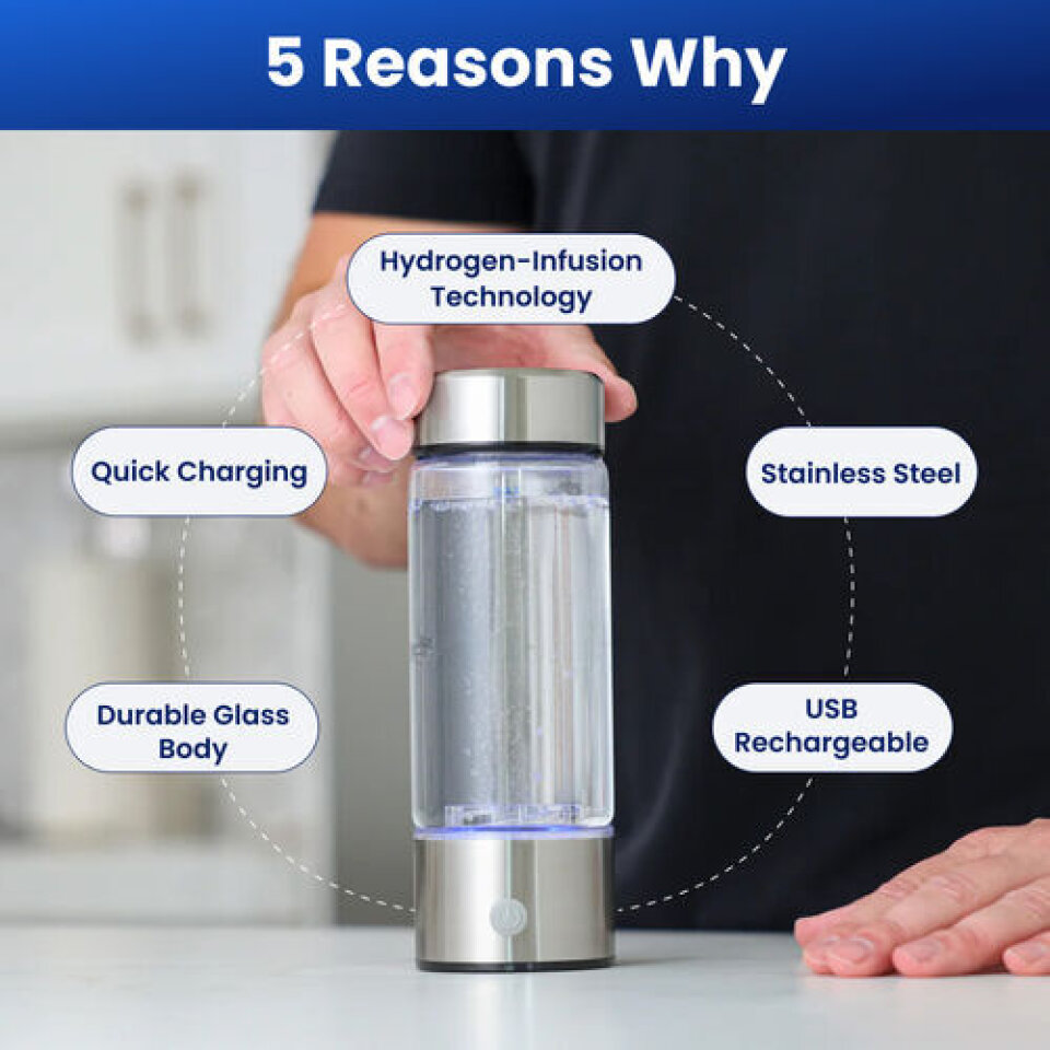AquaFusion hydrogen water bottle package options with USB charging cable and accessories
