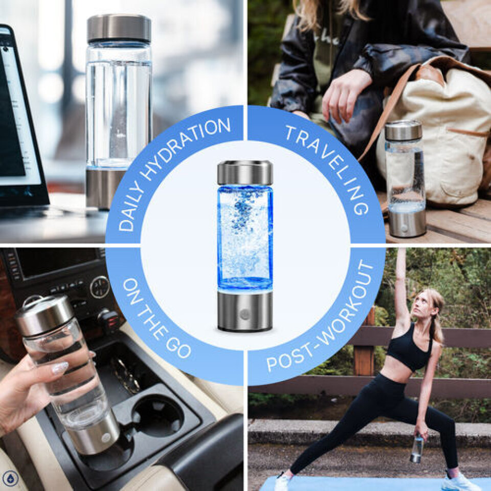 Woman drinking hydrogen-rich water from the AquaFusion hydrogen water bottle